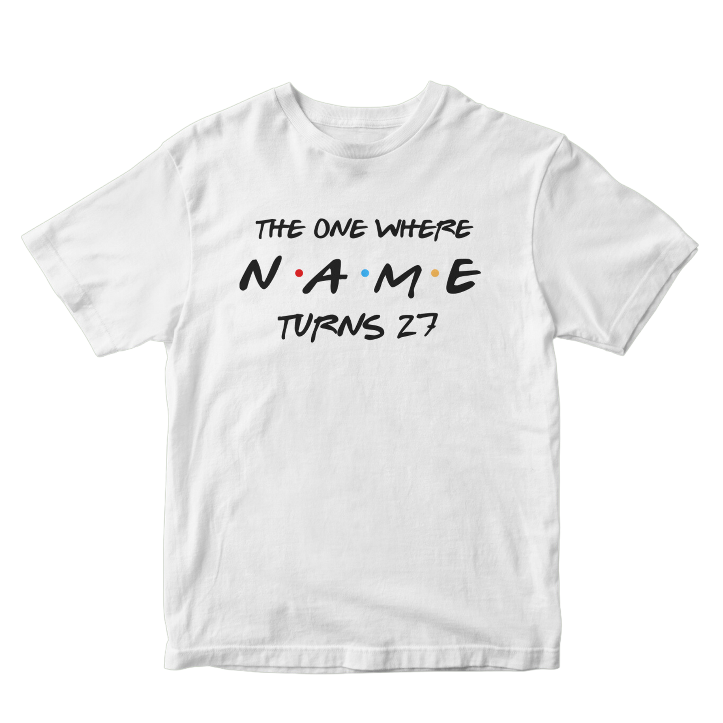 Camiseta de cumpleaños de amigos personalizada, personalizada en la que el nombre cumple cualquier edad, regalo de cumpleaños personalizado, trajes únicos de grupo de fiesta de cumpleaños