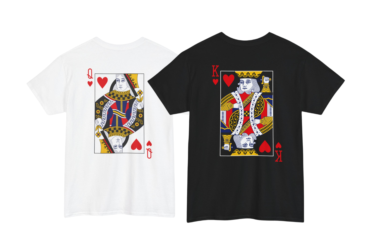 Reina de Corazones Rey de Corazones Pareja a juego Camiseta | Camiseta de póquer vintage personalizada | Camisa de disfraz de naipes | Regalos divertidos para parejas