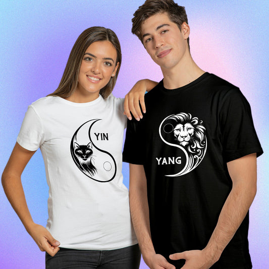 Yin-Yang Matching Shirt, Cat and Leo Couple T-shirt, Yin Yang Tee, Besties Matching Shirt, Unique Girlfriend and Boyfriend Aesthetic Gift